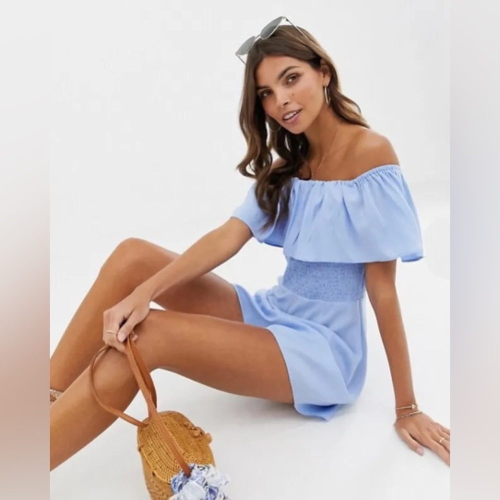 🩵 ASOS DESIGN Off The Shoulder Flounce Smocked Romper Cornflower Blue Size 2